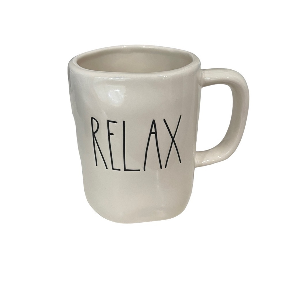 Rae Dunn, “Relax” large coffee mug, 19 ounces. Stoneware, large handle